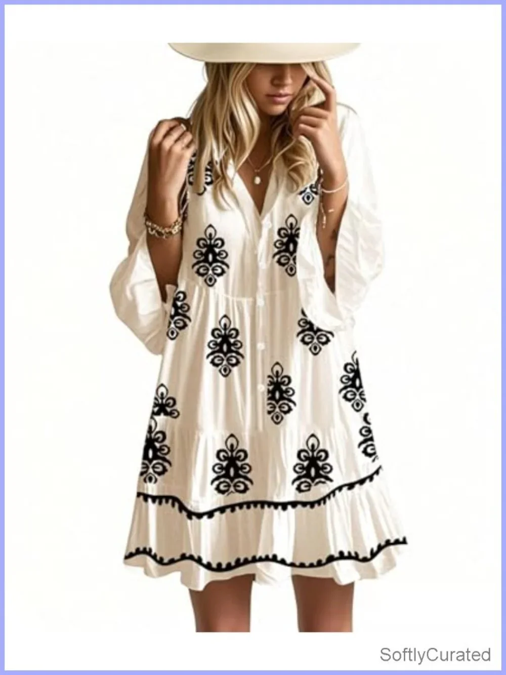 Flowy Ruffle 3/4 Bell Sleeve V Neck Tiered Babydoll Boho Mini Dress